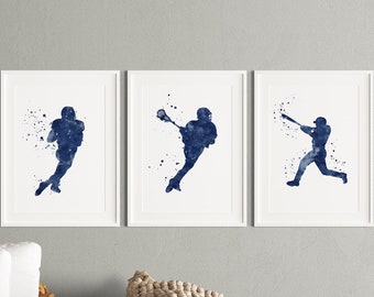 Sports decor for boys room | Set of 3 Watercolor Prints | Football, Baseball and Lacrosse player posters | Nursery Decor