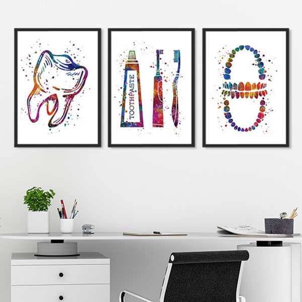 Cadeauset voor mondhygiënist van 3 aquarelafdrukken Tandartspraktijk Decor tandartscadeau