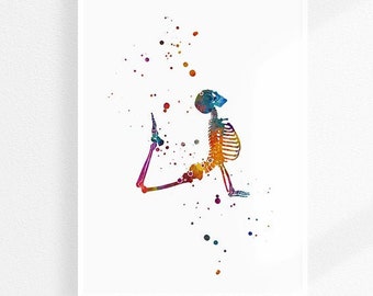 Yoga Skeleton watercolor print, Physical therapist gift, Anatomy art