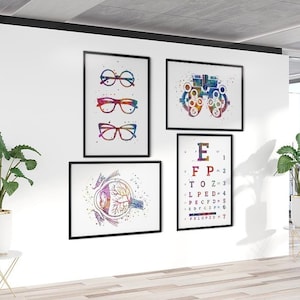 Optometrie kunst, oogheelkunde prints set van 4, menselijk oog anatomie kleurrijke kunstwerken, medische posters voor optometrist kantoor, wanddecoratie kliniek