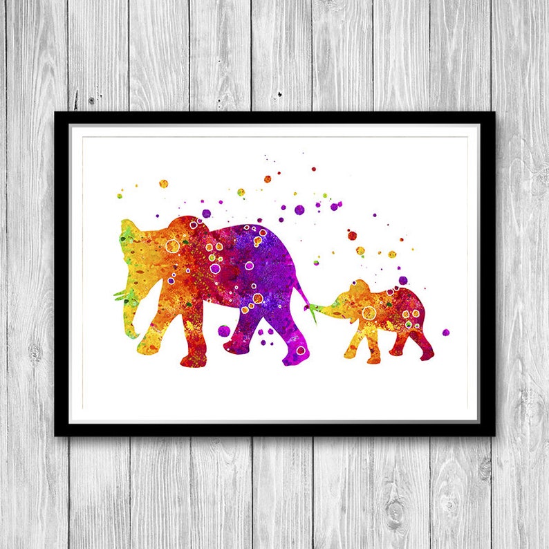 Nursery Elephant Wall Art Decor Mom and Baby Watercolor Print Etsy