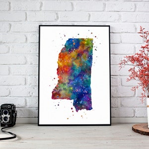 Impression aquarelle de carte de l'État du Mississippi, oeuvre d'art multicolore vibrante pour décoration d'art mural de bureau à domicile, affiche d'état MS pour chambre d'enfant