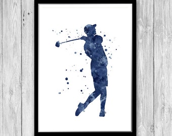 Golf player watercolor print, Golf club wall decor, Gift for men, Sports art, navy blue home decor