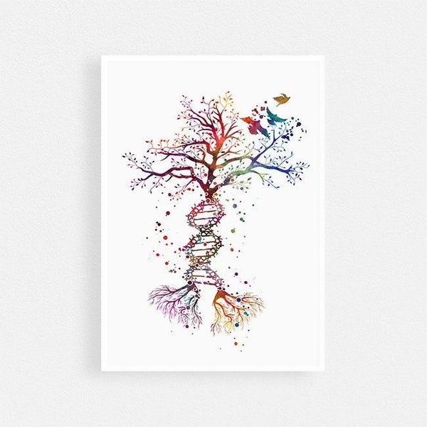Genetische wetenschap kunst DNA levensboom aquarel print genetica professor kantoorinrichting, genetica diploma afstudeercadeau