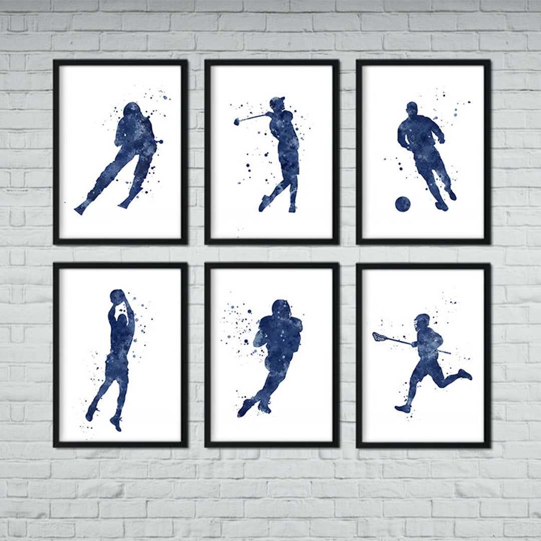 Set of 6 Blue Watercolor Prints Sports Art Posters for Boys Room Decor ...