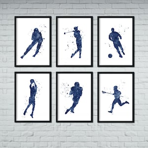 Set of 6 Blue Watercolor Prints Sports Art Posters for Boys Room Decor