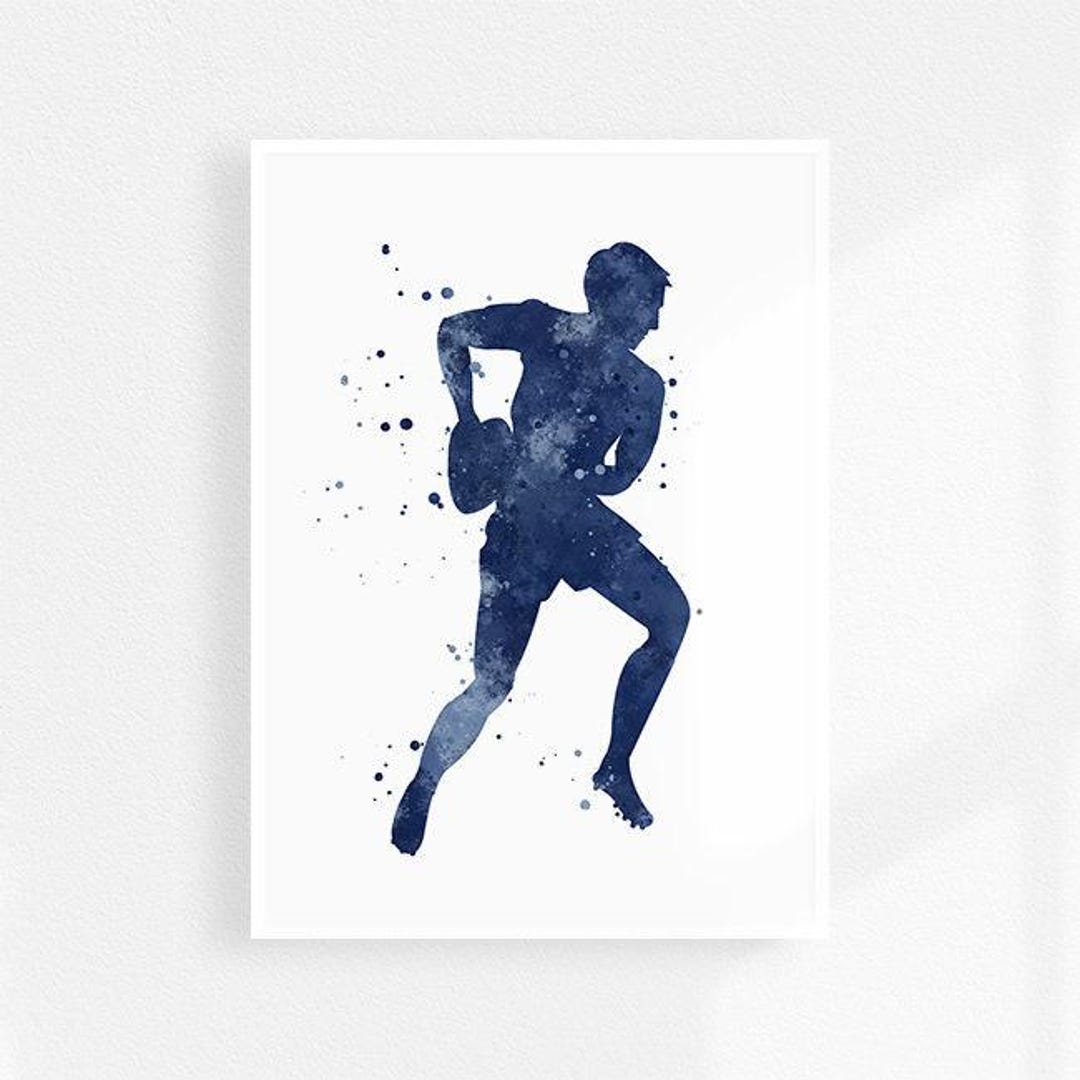 Rugby Print, Navy Blue Watercolor Rugby Player Poster, Sports Decor for ...