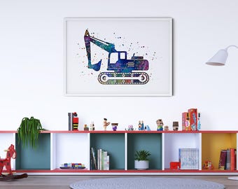 Construction Truck Wall Art For Nursery, Toddler Boy Bedroom Decor, Colorful Digger Print, Kids Room Interior, Excavator Vibrant Poster