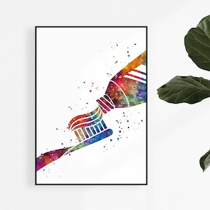 Dental care tools toothpaste and toothbrush watercolor print, dental hygiene office wall decor