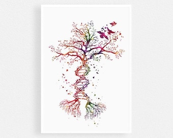 DNA Tree Art Print, Genetica kunst, DNA levensboom aquarel print, Science Poster