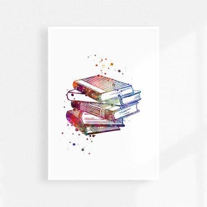 Book lover watercolor art print, Books pile, Bookshop wall decor, reading room decor