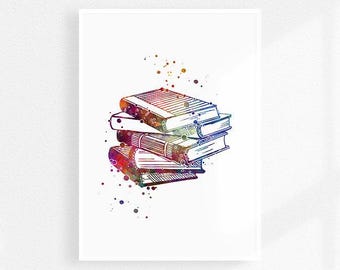 Book lover watercolor art print, Books pile, Bookshop wall decor, reading room decor
