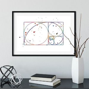 Fibonacci spiral, Golden ratio watercolor art print, Mathematics wall art