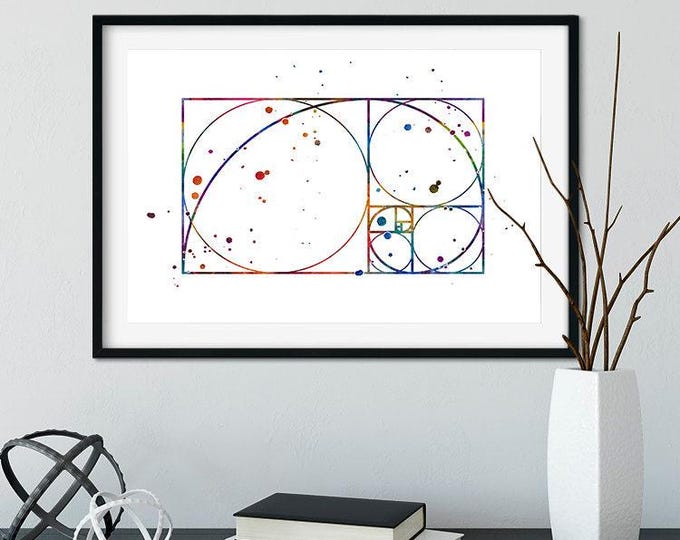 Fibonacci spiral, Golden ratio watercolor art print, Mathematics wall art