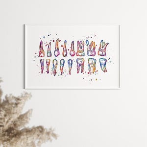 Colorful Watercolor Teeth Chart Print, Dentist Office Wall Art, Dental School Anatomy Poster image 12