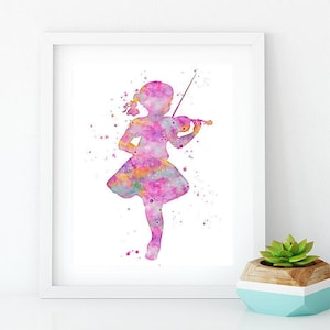 Little Girl Playing Violin Art Print, Pink Watercolor Artwork for Kids Room Wall Decor, Music Painting Poster for Girls Nursery Decoartion