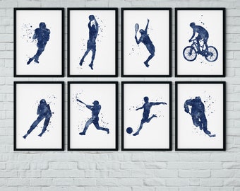 Sportdecor voor jongenskamer kunst aan de muur | Set van 8 marineblauwe aquarelafdrukken | Motiverende posters voor tienerkamerdecoratie | Niet ingelijst