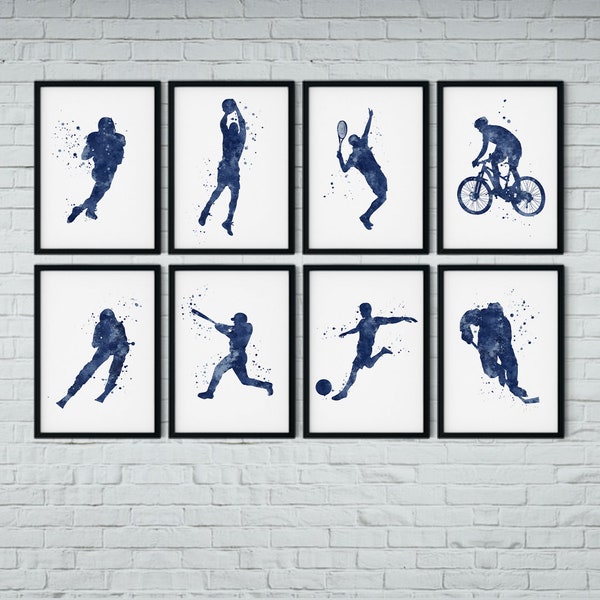 Sports Decor for boys room wall art | Set of 8 Navy Blue Watercolor prints | Motivational posters for teenager bedroom decoration | Unframed