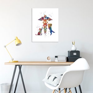 May include: A watercolor painting of a veterinary symbol with a cat and dog on either side. The symbol is a caduceus with wings and a paw print at the top. The background is white with watercolor splatters.