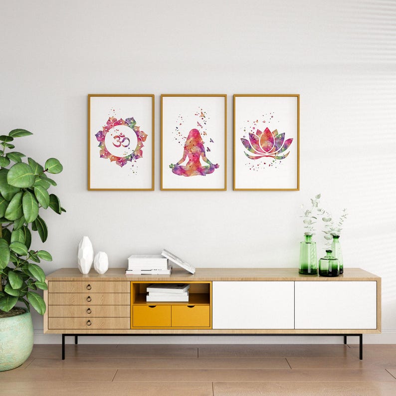 Yoga Art Set of 3 Watercolor Prints | Meditation Room Decor | Spa and Relaxation Wall Art | Home Yoga and Zen Wall Decor image 1