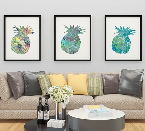 Pineapple Kitchen Decor Set of 3 Watercolor Prints Modern Home