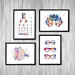 Augenarzt Geschenk, Augenheilkunde Kunst 4er-Set Drucke, Optometrie Kunst, Augenanatomie, Sehtest Poster, Brillenkunst