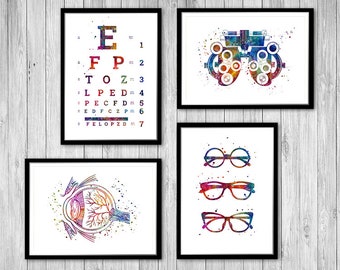May include: Set of four watercolor illustrations related to eye care. The first image shows an eye chart with the letters E, FP, TOZ, LPED, PECFD, EDFCZ, and FELOPZD. The second image shows a watercolor illustration of an ophthalmoscope. The third image shows a watercolor illustration of a human eye. The fourth image shows three different styles of eyeglasses.