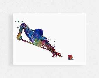 Billiard room decor, Game Room Pool Decor, Billiard player watercolor print