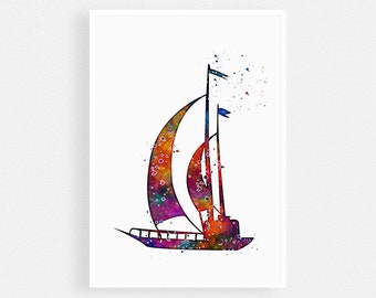 Sail Boat Watercolor Print, Yacht wall art for home decor