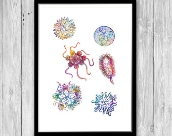 Microbiology Science Art Bacteria Watercolor Print Bioscience Biotechnology laboratory wall decor