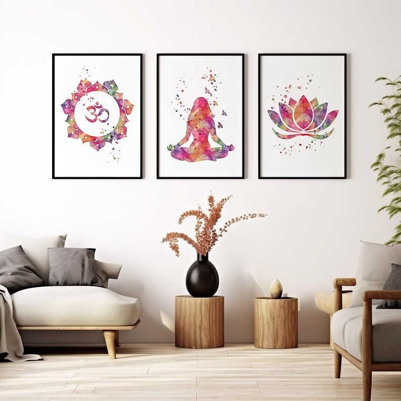 Yoga Art Set of 3 Watercolor Prints | Meditation Room Decor | Spa and Relaxation Wall Art | Home Yoga and Zen Wall Decor image 3