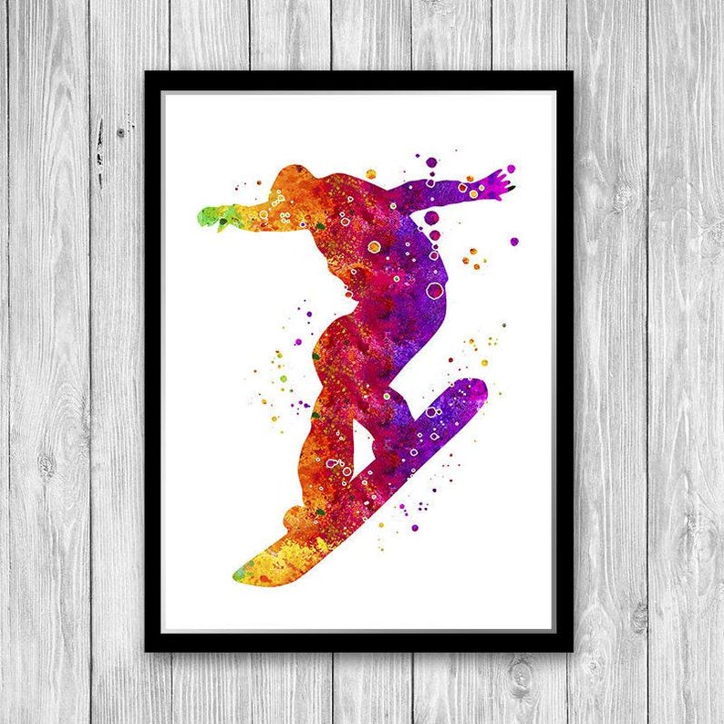 Cadeau de snowboarder, impression d'art à l'aquarelle, toile de coton ou papier d'art texturé, cadeau d'anniversaire pour un ami, décoration murale pour chambre de garçons image 1