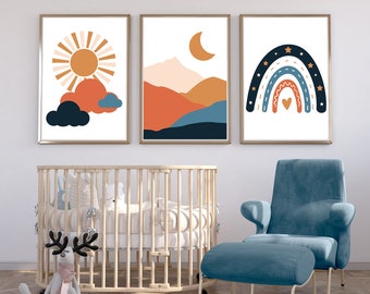 Boho Nursery Decor, Set of 3 Gender neutral prints for kids Bedroom, Playroom wall art, Nature theme posters for modern baby girl boy room