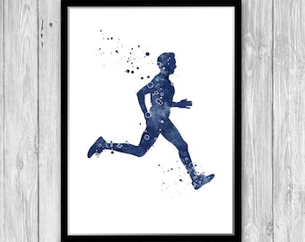 Running poster, male runner navy blue watercolor print, sports decor