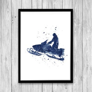 Snowmobile Watercolor Print, Snowmobiler Winter Sport Poster, Snowmobilist Blue Artwork, Inspirational Wall Art Decor for Teen Boys Room