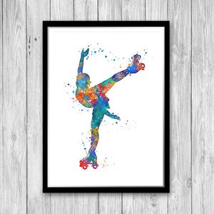Rollschuhlaufen Kunst Aquarell Druck Mädchen Roller Skater Poster Sport Dekor für Mädchen Zimmer
