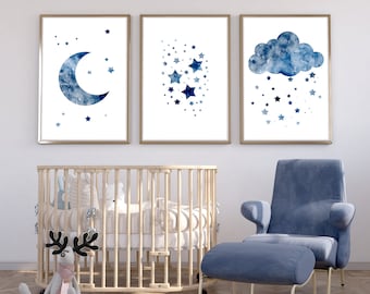 Navy nursery decor, Moon Stars and Cloud for boy nursery decor