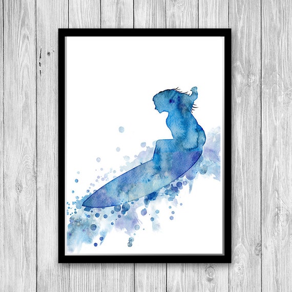Girl Surf Print Bedroom Decor Blue Watercolor Girl Surfer Poster Teen Girls Room Decor Girl Surfer Birthday Gift Girl Surfing Wall Art