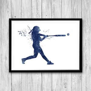Softball Art Blue Watercolor Print Gift for Player, Girls Room Wall Decor