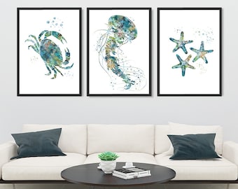Watercolor Nautical Print Set Jellyfish Crab Starfish - Coastal Nursery Decor for Beach House Wall Art