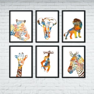 Safari Nursery Decor Set of 6 prints, Animal Art For Kids Room Decor