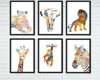 Safari Nursery Decor Set of 6 prints, Animal Art For Kids Room Decor
