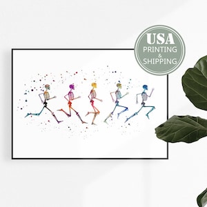 May include: A framed print featuring a watercolor illustration of five running skeletons in vibrant colors. The skeletons are depicted in motion against a white background, with colorful paint splatters. The print is framed in black.