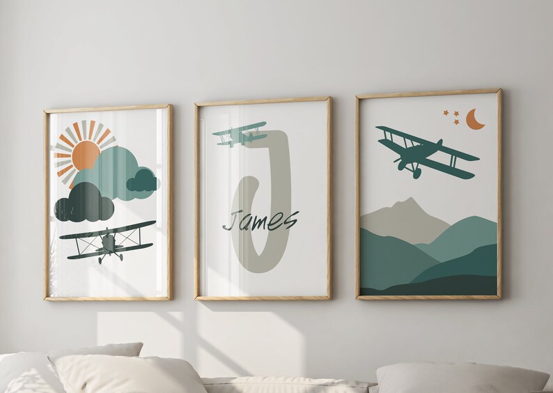 Airplane Nursery Wall Decor | Personalized Name Set of 3 Prints ...