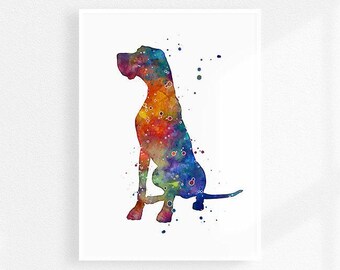 Impresión de gran danés, obra de arte de perro de acuarela multicolor para decoración de pared del hogar, póster de gran danés para habitación infantil, decoración de sala de estar
