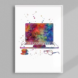 Arbeit von zu Hause Computer, Laptop mehrfarbiger Aquarelldruck, Büroleiter-Arbeitsplatz-Dekoration, IT-Spezialist Hauptbüro-Wand-Kunstdekor