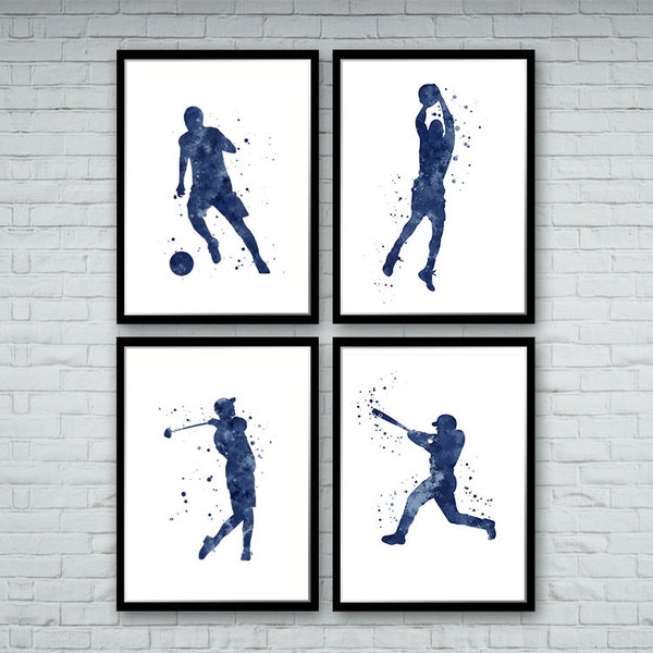 Soccer Baseball Basketball Golf Sports Art Set of 4 Navy Blue Watercolor Prints for Boys Room Wall Decor