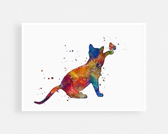 Cat and Butterfly Watercolor Print, Home Decor, Kids Room Wall Art, Cat Lover Birthday Gift