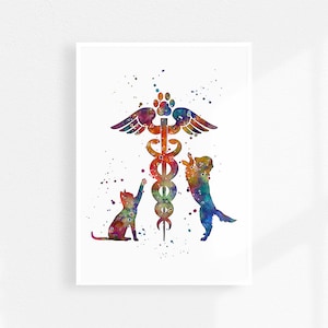 Veterinary Caduceus art watercolor print, vet tech art gift, Doctor of Veterinary office wall decor
