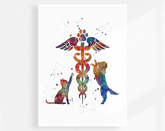 May include: A watercolor painting of a veterinary symbol with a cat and dog on either side. The symbol is a caduceus with wings and a snake wrapped around it. The cat and dog are both looking up at the symbol. The painting is done in a rainbow of colors.